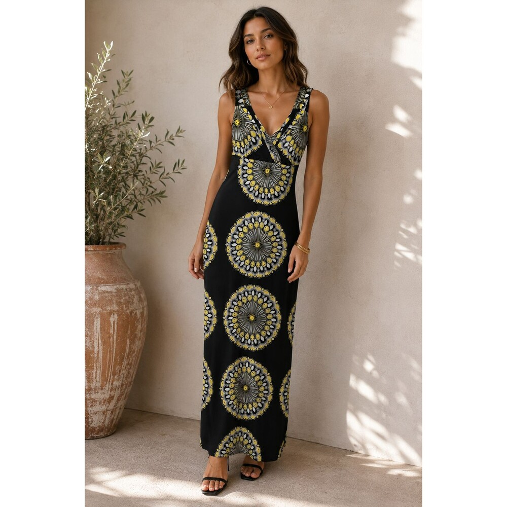 Y2K Black Yellow Mandala Maxi Dress Sleeveless Boho Resort Vacation 2000s